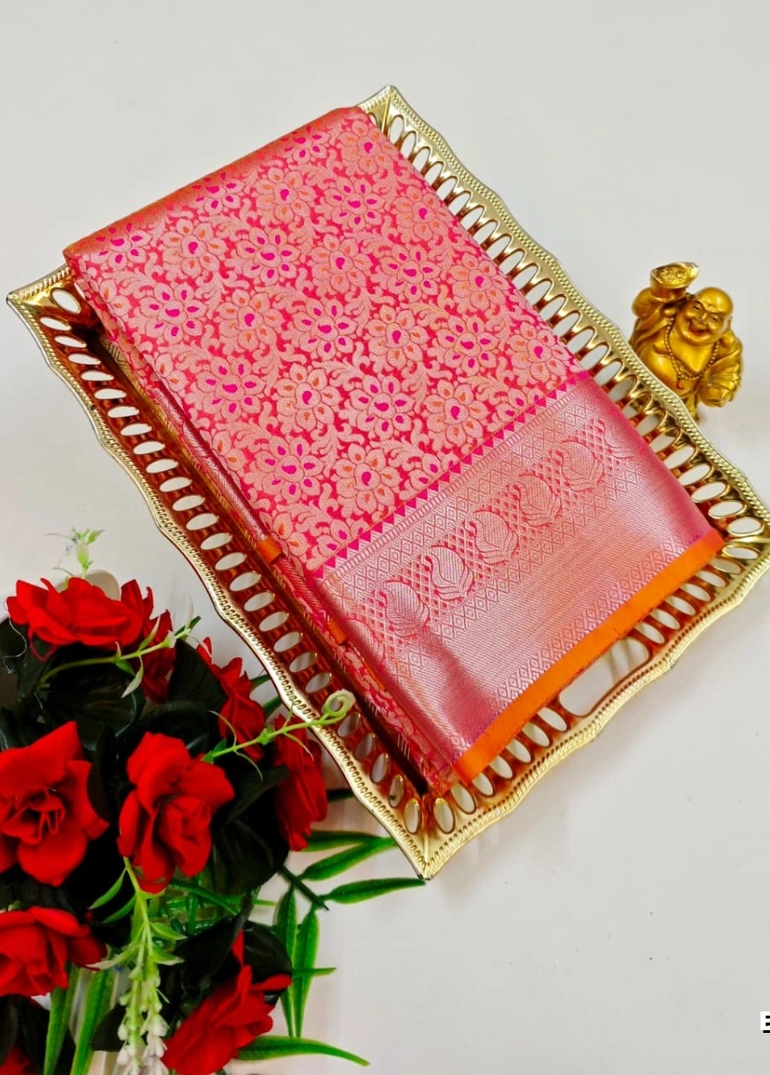 Bridal silk gold silvar and copper zari weave and wedding art silk sarees - coral colour